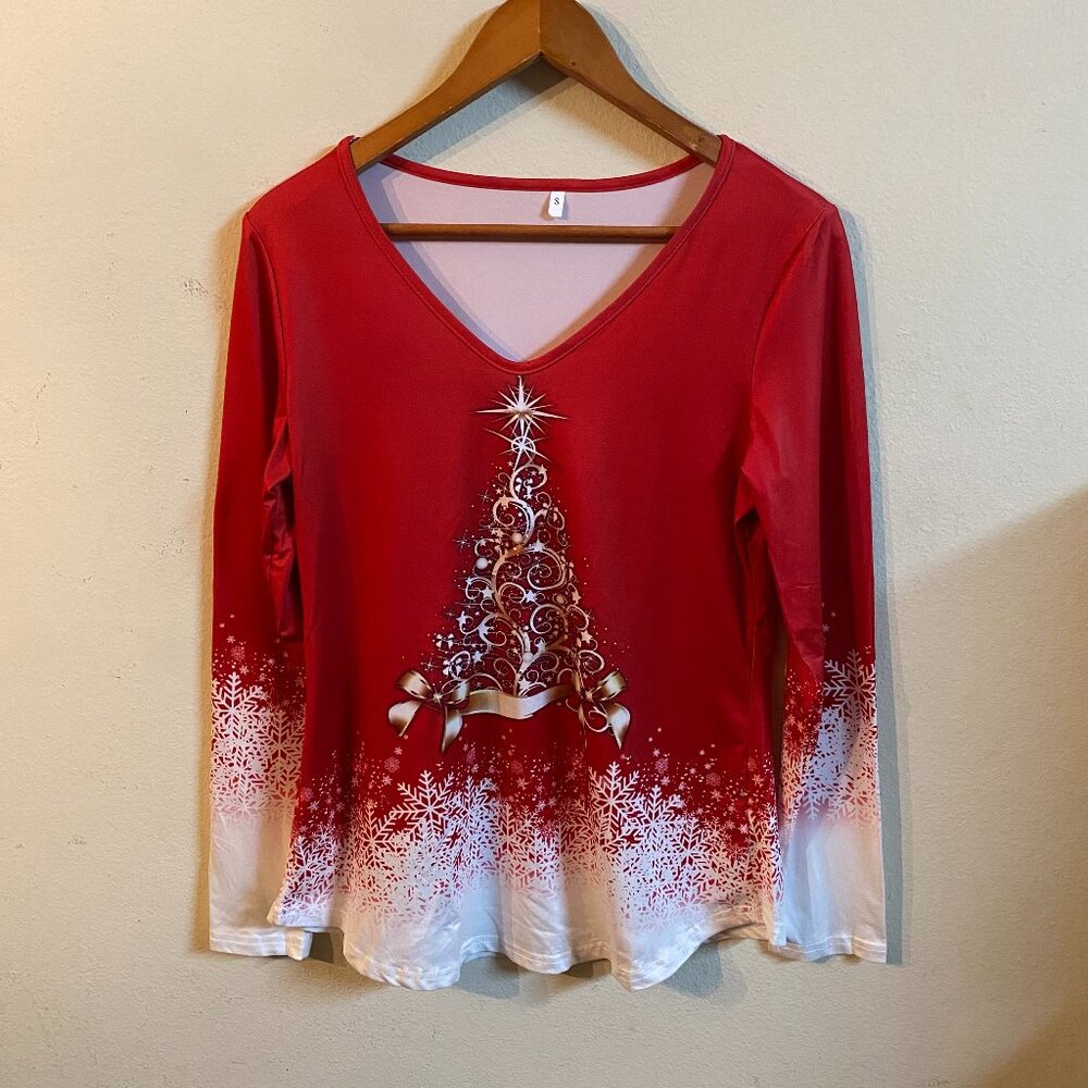 NO BRAND SMALL RED & WHITE LONG-SLEEVE CASUAL HOLIDAY-THEMED GRAPHIC TOP